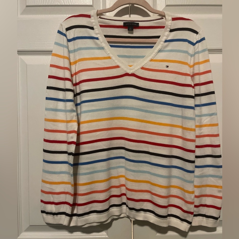 Tommy Hilfiger Striped Pullover Lightweight V-neck Sweater Size Large